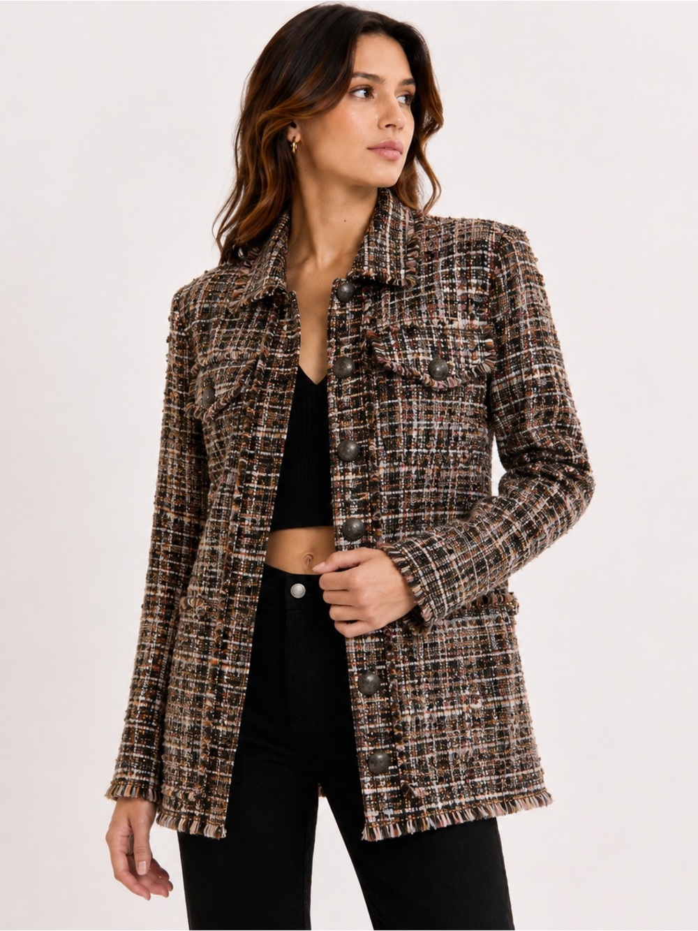 Ramy Brook DOLORES Tweed Sequin Fringe Jacket Multicolor